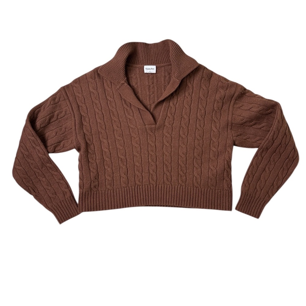 Aritzia Sunday Best Lottie Sweater Medium Brown Merino Wool Cable‎ Polo Preppy